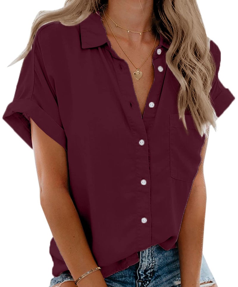 Beautife Womens Short Sleeve Shirts V Neck Collared Button Down Shirt Tops with Pockets (Large, Wine Red) - Image 1